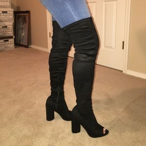 Over the knee open toed heeled boots
